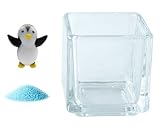 花市場直送便 ミニチュアガラス ばんざいペンギン ブラック & カラーサンド スカイブルー & 植え込み用グラス ニューブロックS