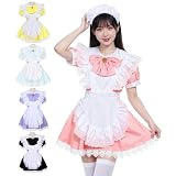 [Formemory] メイド服 コスプレ 5点セット アニメ 魔法少女 魔法 メイド 定番 ショート丈 萌え 可愛い レース ロリータ ワンピース レディース メンズ 大きいサイズ コスチューム ハロウィン 仮装 クリスマス 人気 学園祭 コンカフェ 喫茶店 撮影 5色(ピンク, L)