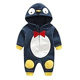 杜屋トヤ　紺色ペンギン　新生児服　コスチューム　ベビー長袖フード付きロンパース　かわいい着ぐるみ　前開き　ジッパー　カバーオール　ルームウェア　防寒着　子ども服　赤ちゃん　プレゼント　0-18ヶ月　5