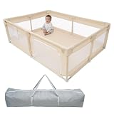 (ケラッタ) ベビーサークル メッシュ 赤ちゃん 組み立て動画 高さ65cm 収納袋付き 吸盤付き 工具不要 大きめ 小さめ ベビー (ベージュ, 200×140)