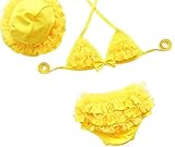 水着　1-10歳女の子用3点セット　上着と下着とスイムキャップ　レース　蝶結び　6色5サイズあり (S, 黄色)