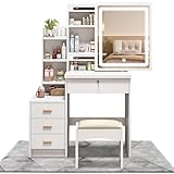 EJ ドレッサー 3色LEDライト スライドミラー 大容量収納 幅80cm ホワイト 姫系 スツール付き