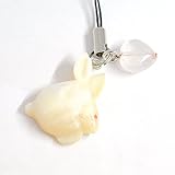 ウサギ 夜光貝製 ストラップ ローズクォーツ製 ハート付き 黒紐