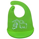 AMAA 食事用スタイ ベビー エプロン 象柄　赤ちゃん よだれかけ ビブ キッズ 前かけ 男の子 女の子 ソフト防水 シリコン製 可愛い お食事エプロン　6月-6歳 (グリーン)