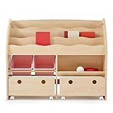 LOWYA （ロウヤ） おもちゃ収納 絵本棚 絵本ラック 本箱 おもちゃ箱 子供用 木製 ワイドタイプ ナチュラル×ピンク