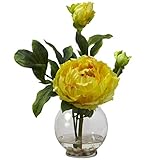 Nearly Natural 1278-YL Peony with Fluted Vase Silk Flower Arrangement, Yellow [並行輸入品]