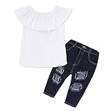 サクララ(Sakulala) ベビー服 子供服 上下セット オフショルダー ブラウス へそ出し 破れた ジーンズ 女の子 白 可愛い 夏 秋 スポーツ 運動会 旅行 記念日 セットアップ 12ヶ月-6