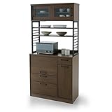 LOWYA （ロウヤ） 食器棚 キッチン レンジ台 木目調 ガラス引き戸 大容量収納 カウンター スライドレール コンセント付き おしゃれ インダストリアル 幅90cm ウォルナット