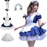 [ZOMOZO] メイド服 パニエ付き 4点セット メイドコスプレ ショート丈 半袖 ロリータ ワンピース エプロン カチューシャ ハロウィン仮装 メイドコスチューム レディース メンズ セット 男女兼用 (ネイビ, L)