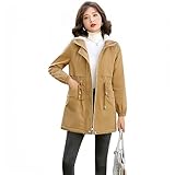 [SDSXZWG] マウンテンパーカー レディース 無地 チュニック 裏起毛 ジャケット ウィンドブレーカー 軽量 通気 フード付き トレンチコート ゆったり カジュアル プラスベルベット トップス 秋冬 普段着 通勤着 (JP, アルファベット, L, カーキ)