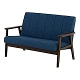 SATO セレノソファ 2人掛けストライプ 布ネイビー 肘ダークブラウン