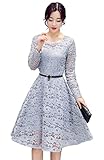 【Smile LaLa】 レディース 大人 レース ドレス 長袖 パーティ お呼ばれ ワンピース シースルー ベルト付き 上品 セクシー (グレー, M)