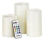 VonHaus Electric Candles - 3 x Flameless Battery Operated Real Wax Pillars - 12 LED Color Settings, 