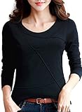 [リコベロ] 長袖 Tシャツ レディース パイピング トップス おしゃれ かわいい 綿混 無地 ロングtシャツ (ブラック L)