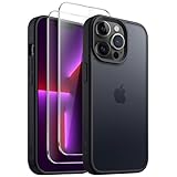 JETech 3 in 1 iPhone 13 Pro 6.1 インチ用 マットケース 2枚強化ガラスフィルム付き 半透明 つや消し 耐衝撃スマホカバー (ダークグリーン)