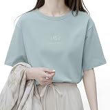 [AOY] tシャツ レディース 半袖 【大人可愛いTシャツ・夏のマストアイテム・肌ざわりなめらか】 トップス カットソー ティーシャツ 丸首 クルーネック カジュアル 着痩せ ゆったり 重ね着 シンプル かわいい きれいめ お出かけ 夏 (JP, アルファベット, L, くすみブルーグリーン)