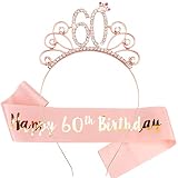 Casoty ローズゴールド 60歳の誕生日サッシュとティアラ、サテンの誕生日サッシュとラインストーンヘッドバンドセット、80歳の誕生日デコレーションギフトパーティー記念品用品