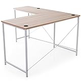 L字型パソコンデスク オフィスデスク 省スペース リアル木目 左右組替え可能 コード穴3ヶ所 幅140cm ホワイト/オーク