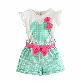 BOBORA 女の子 可愛いラブ柄　大きな蝶結び　袖なし　フライスリーブシャツ＆チェック柄パンツ　春夏服　姫様風　綿　スウィート子供様　二点セット