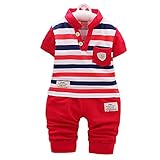 【SEBLES】ベビー 赤ちゃん 男の子 女の子 ユニセックス バンドカラー ボーダー ポロシャツ 無地 パンツ ズボン ボトムス コットン 綿 コットン ツーピース セット 夏 春(タイプC,110