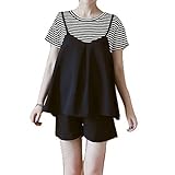 Spinas（スピナス）レディース マタニティ セットアップ 夏 フレアキャミソール 付き ボーダーＴシャツ ショートパンツ 2点セット ブラック