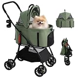 【55cmゆりかご · 超軽量4.5KG】MILA&LOUIS ペットカート おしゃれ犬 カート ペットカート 多頭の小型犬&猫 中型犬一匹用 4輪耐摩耗 犬用カート 犬 ベビーカー 人気 分離型・全体と折りたたみ式 ペットバギー 前輪360°後輪ブレーキ付 カップホルダー 犬 バギー 耐荷重20KG 軽量 通気 散歩 買い物 外出 旅行 日本語の取扱説明書付き (グリーン)