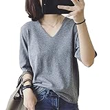 [ANCKDOCE] 半袖レディース Tシャツ Vネック サマーニット カットソー トップス ゆったり 落ち感カットソー レディース きれい め コーデ(Gray)