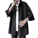 [Aaronlive] 夏服 シャツ メンズ ゆる 七分袖 シャツ半袖 オーバーサイズシャツ 大きいサイズ 吸汗速乾 快適な軽い 無地 夏 半袖 ワイシャツ black XL