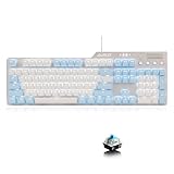 Ajazz AK35i メカニカルキーボード 美しい有線ゲーミングキーボード 白いバックライト 空色&ホワイト2色PBTボタン 104キー 4マルチメディアキー ボリュームホイール 英語配列 (青軸)