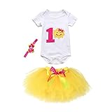 三番目の店　3PCS 赤ちゃんの女の子の満一歳誕生日パーティーの衣装　プリンセス　ちょう結び　ロンパー+スカート+ヘッドバンドセット (イエロー)