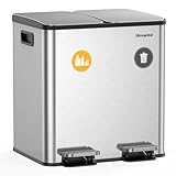 Lovewind ゴミ箱 2分別、15L×2台 キッチンゴミ箱 蓋付き 2コンパートメント ステンレス製ゴミ箱 取り外し可能なインナーバケツ付き キッチン/ホームオフィス用 シルバー