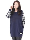 【MIKA&MAYA】 マタニティ 長袖 チュニック 授乳 服 チェック トレーナー 授乳口 付き (ネイビー フリーサイズ)