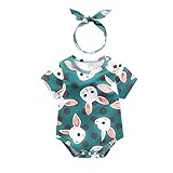 エルフ ベビー(Fairy Baby) ベビーロンパース 半袖 うさぎ柄 ヘアアクセサリ 夏服 出産祝い size 66cm (グリーン)
