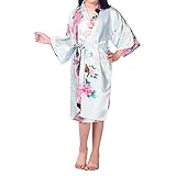 UTOVME バスローブ シルク真似 パジャマ 孔雀 模様 プリント 七分袖 カーディガン ロリ 浴衣 子供服 薄い 着物 ガール ベビー服 ガウン キッズ 和服 ライトブルー 年齢7-9歳（サイズ1