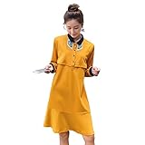 HelloGO 授乳服 マタニティウェア 授乳ワンピース 長袖 授乳付き おしゃれに着こなせるゆったりワンピース 秋 春 用 イエローL