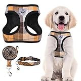 PUPTECK 犬 ハーネス リード セット 犬用 胴輪 ソフト マジックテープ付き 反射素材付き ペット用品 はーねす 引っ張り防止 抜けない 喉に優しい 調節可能 着脱簡単 軽量 メッシュ 快適 通気 手洗い 耐久性 安全 散歩 しつけ 訓練 老犬介護 人気 可愛い おしゃれ 超小型犬 小型犬 中型犬 大型犬（レッド チェック、XSサイズ）