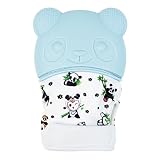 SPTC ベビー歯固めシリコン手袋　かわいいクマ 食品グレードのシリコン　手に噛んでいないように保護　歯茎マサージ　音が出る赤ちゃん用歯磨きスティック　手袋　3-18ヶ月赤ちゃん用 1個-ライトブルー