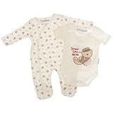 Baby Unisex Mr Ted Bear Design 3 Piece Set, Sleepsuit, Bodysuit & Bib (3-6 Months) (Cream) by Univer