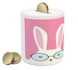 RabbitコインボックスBank by lunarable ,ホワイトRabbit with Huge Round Glasses Speech Bubble Hi印刷ピンク背景、印刷セラミックコイ