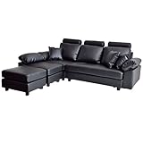 タンスのゲン 3人掛けカウチソファ ソファ ポケットコイル レザー オットマン 北欧 クッション3個付 31200006 01