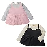 (ブラック/90cm)ベビー服 女の子 Tシャツ 長袖 梨地天竺 スナップボタン 重ね着風 キャミソール Aライン リボン ロゴプリント 女児 ベビー