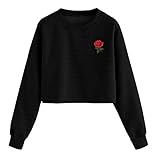 パーカー レディース トップス Glennoky 黒い 刺繍花柄 プルオーバー ブラウス スウェットパーカー ショート丈 ゆったり クルーネック ラウンドネック 体型カバー レディースパーカー スウェ