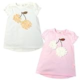 (ホワイト/80cm)子供服 女の子 チュニック 半袖 プリント シフォン装飾 テールカット フリルパフスリーブ袖 スナップボタン 女児 ベビー