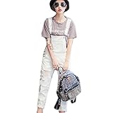 【DENGDING】デニム サロペット オールインワン ジーンズ オーバーオール ダメージ加工 ホワイト クラッシュデニム ジーパン ジャンプスーツ カジュアル ゆるカジ 白 ロールアップ 可愛い パ