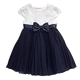 Youngland Little Girls' Short Sleeve Textured Knit to Chiffon Accordion Dress Navy/White 6X [並行輸入品]