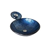 Homelava 彩色上絵洗面ボウル＆蛇口セット　洗面台　洗面鉢　手洗い器　手洗器 洗面ボール ガラス 手洗い器おしゃれ　　強化ガラス製　排水金具付　青色　円形