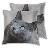 クッションカバー 2点セット 座り ネコ 猫柄 ロシアンブルー 目 45×45cm 抱き枕カバー リネン 柔らかい かわいい おしゃれ ソファ背当て 部屋 雑貨 家庭用 オフィス ホテル用 車用 座布団カバー インテリア飾り