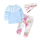 ShangYi 3Pcs Baby Girls Printed Lace Shirt and Legging Set Blue 90CM