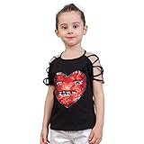 Decdeal ガールズ Tシャツ かわいい ハート型 スパンコール コットン 夏 オフショルダーカジュアル キッズトップス 子供服