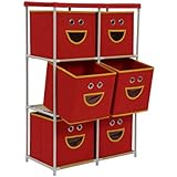 MULSH 不織布チェスト 収納ボックス簡単組立チェスト付きラック 笑顔チェスト 引き出し 簡単組立　衣類収納 衣装ケース (3段6杯-レッド)